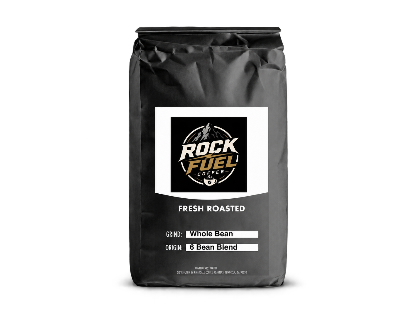 Rock Fuel Coffee 6 Bean Blend bag - bold dark roast espresso coffee blend, 12oz