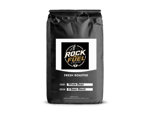 Rock Fuel Coffee 6 Bean Blend bag - bold dark roast espresso coffee blend, 12oz